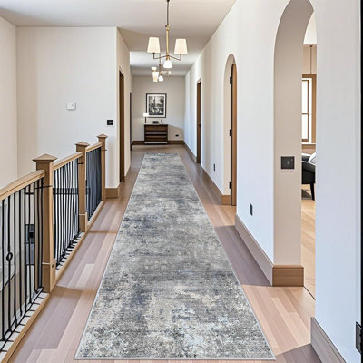Washable Kitchen Rug - Non Slip Stain Resistant Low-Pile Thin Wide Carpet for Entryway Hallway Bathroom Bedside,Modern Neutral Abstract(Blue Grey)