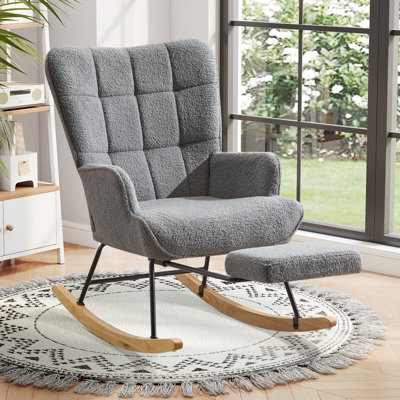 Upholstered Rocking Chair with Footrest, High Backrest Ergonomic Support Nursery Recliner Chair for Living Room, Bedroom