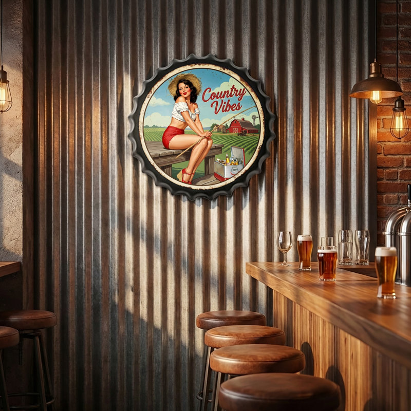 Country Vibes Bottle Caps Metal Tin Signs Wall Art Plaque Vintage Home Decor 13.8x13.8 Inch