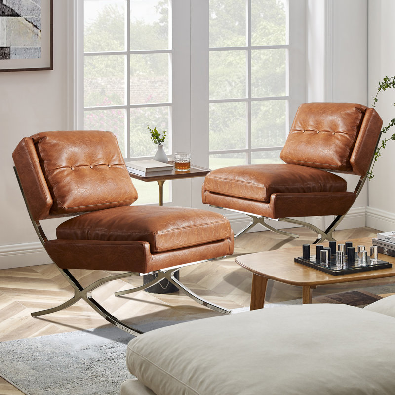 Adewunmi 26.38'' W Button Tufted Faux Leather Upholstered Armless Accent Lounge Chair (Set of 2), Cognac Faux Leather