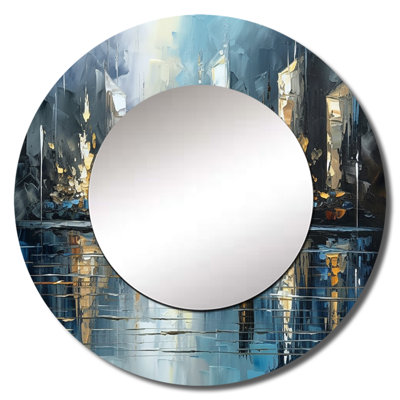 Shealy Abstract City Skyline3 - Modern Decorative Wall Mirror, Blue Round Mirror, Printed Metal Art