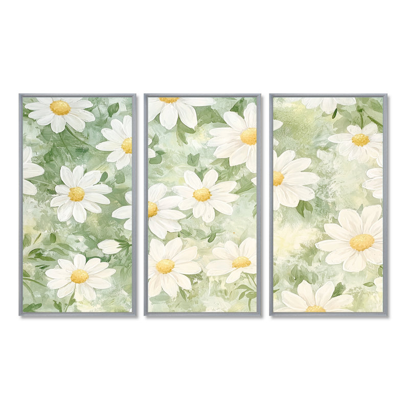 Ensemble de décorations murales «Daisy Field Charm In Summer I», Argent argent, Reproduction avec cadre flottant