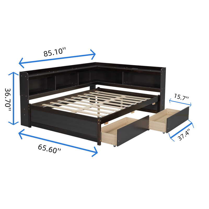 Bookcases Bed With Power Outlets, Black, Full