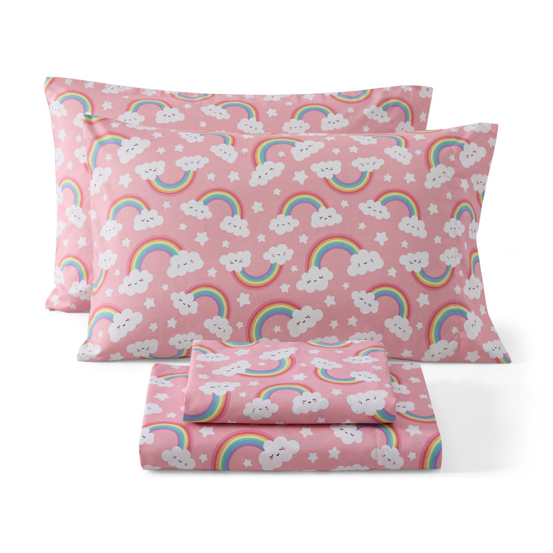 HLC.ME Pink Rainbow Printed Kids Bed Sheets - 4 Piece Patterned Bed Sheet Set - Wrinkle Resistant & Ultra Soft - Fits Mattresses up to 15 Inches Deep - Full