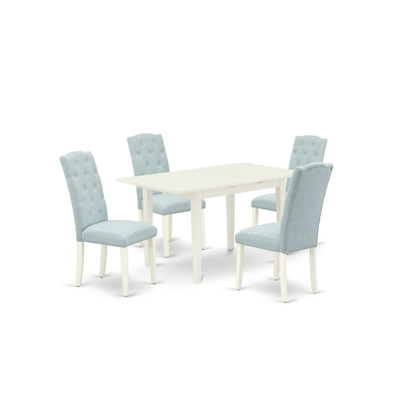 Ensemble de salle à manger en bois d'hévéa massif Alyssya, Lin blanc, Ensemble de cinq pièces : table, quatre chaises