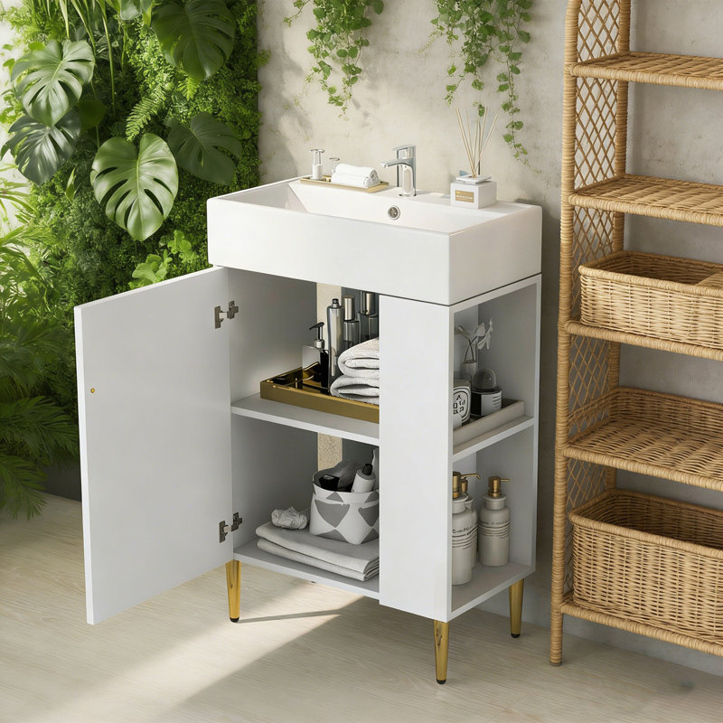 Meuble-lavabo de salle de bain avec lavabo et rangement à droite, Blanc
