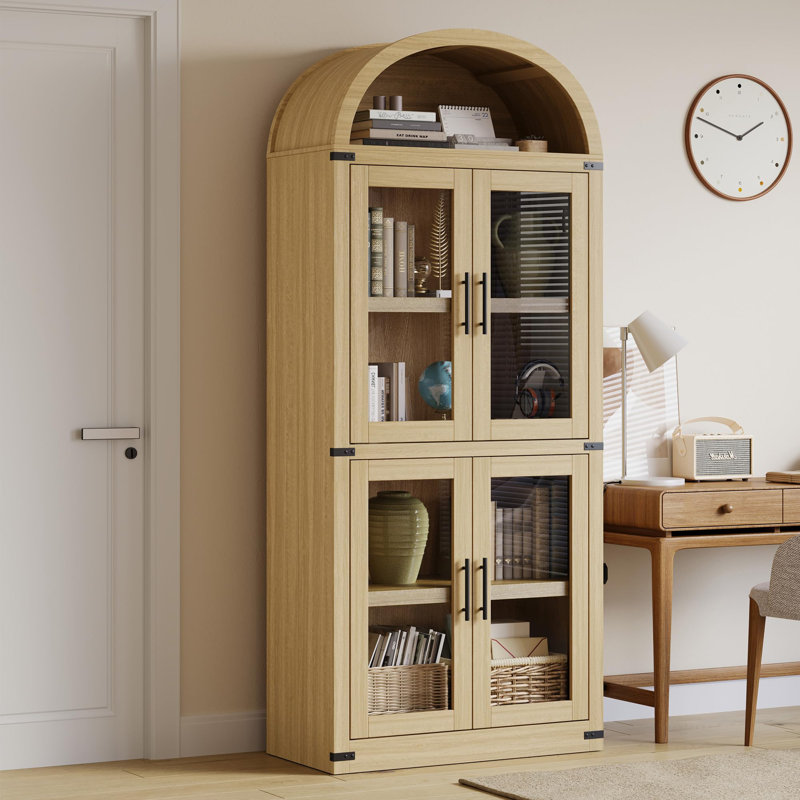 71.4" Arched Farmhouse Bookcase with Glass Doors, Wooden Display Cabinet for Living Room, Kitchen, Natural 