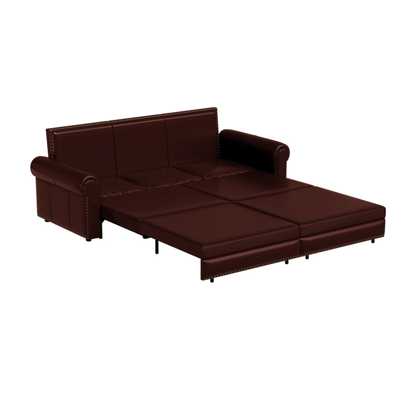 93.7" Convertible Faux Leather Bed In Burgundy, Traditional Vintage Look, Easy To Clean And Keep Design, Maintain Use