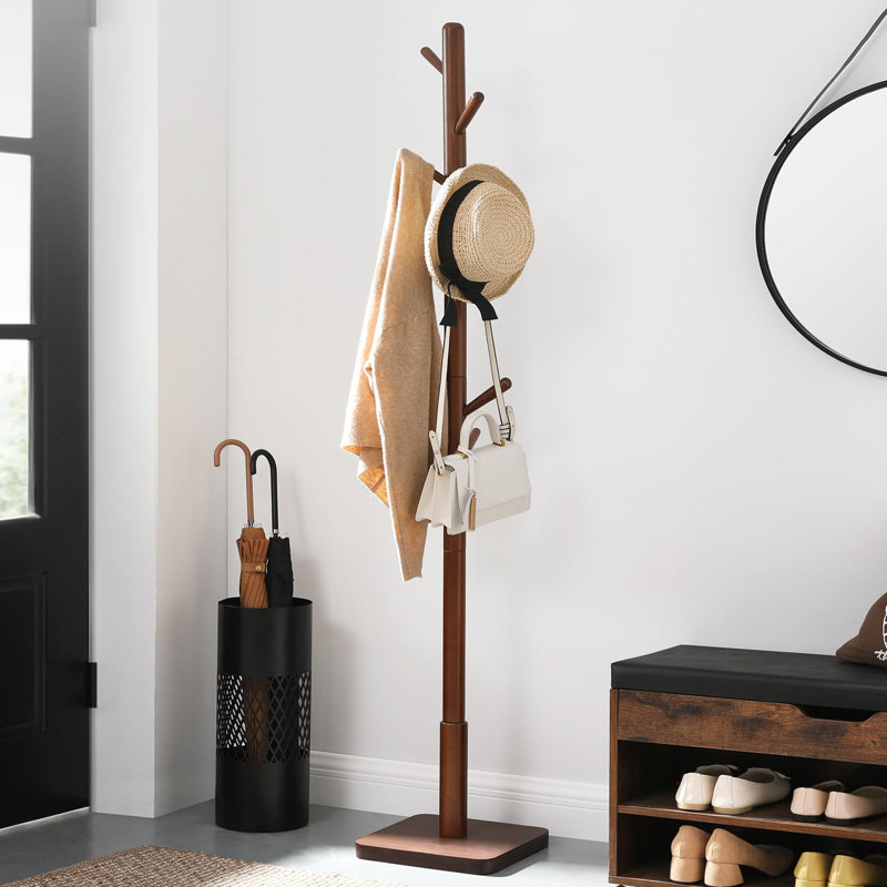Solid Rubberwood Freestanding Hall Coat Tree with 8 Hooks & 3 Height Options, Heavy-Duty Garment Rack for Coats Hats Bags Purses, Ideal for Entryway Hallway