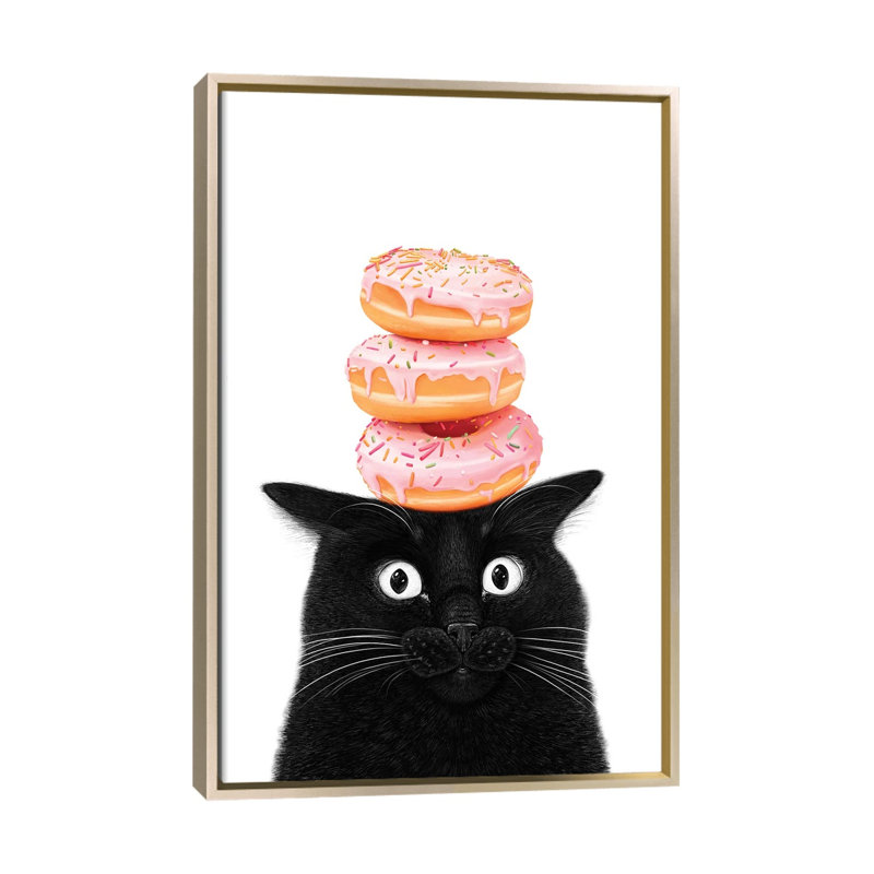 «Black Cat With Donuts», reproduction d'art sur toile encadrée, 48 po x 32 po, Toile avec cadre, Champagne