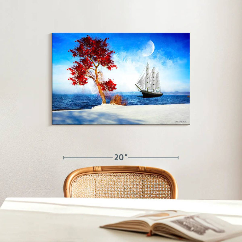 Mehar Red Tree And Ship, 16" H x 24" W