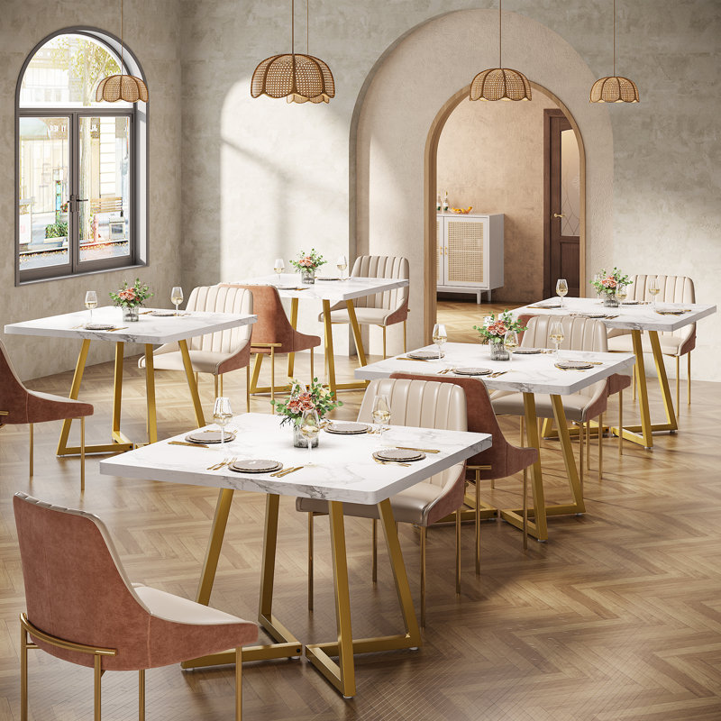 Square Dining Table, 31.5" Industrial Dinner Table, White, Gold