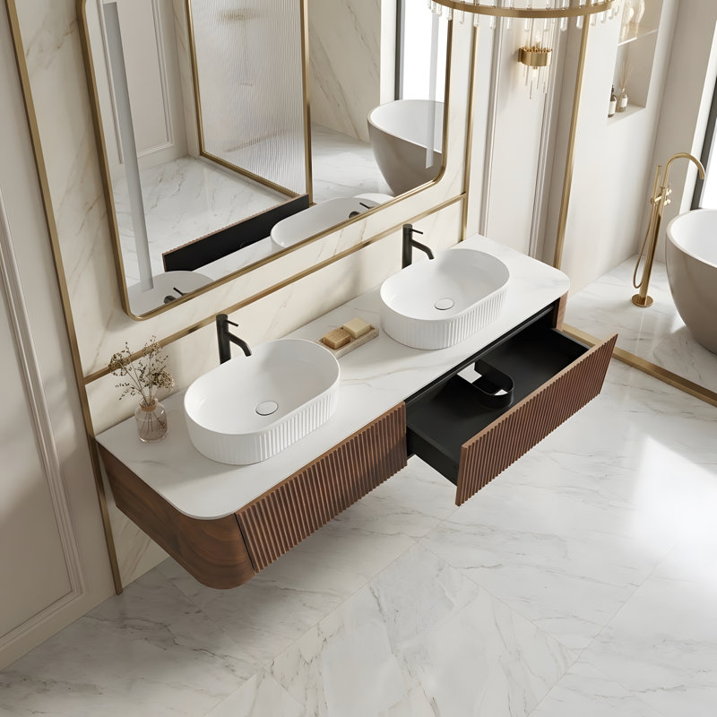 Meuble-lavabo mural de 72 pouces avec lavabo double blanc ovale à rayures et tiroirs de rangement, Noyer, 72, Blanc