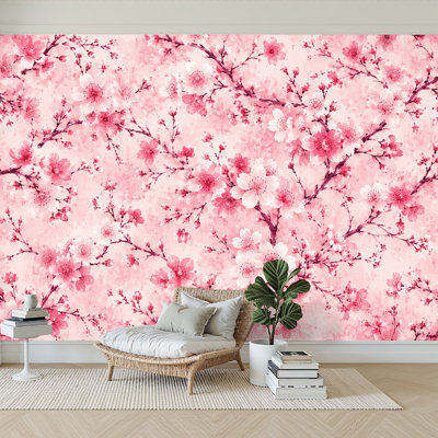 Papier peint adhésif peler et coller branches de fleurs de cerisier roses, papier autocollant doux amovible, décoration murale pour salon Chambre à coucher H 100 po x l 144 po
