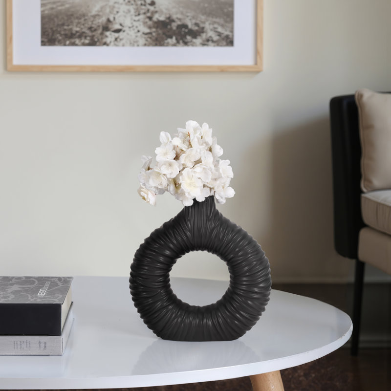 Modern Sculptural Stoneware Vase with Ribbed Texture and Donut-Shaped Circular Design for Contemporary Decorative Display
