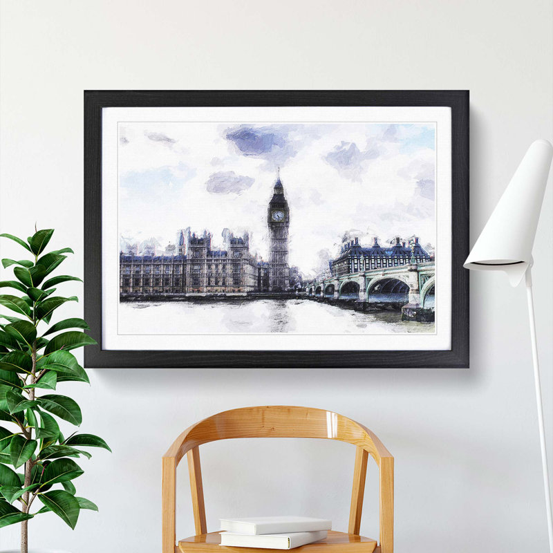 The Houses of Parliament London in Abstract - Picture Frame Painting Print, 36cm H x 48cm W x 2cm D, Black Framed