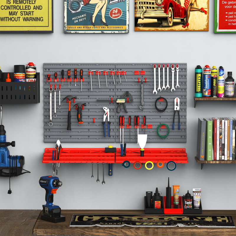 Nome 54 Piece Pegboard and Shelf Tool Organizer Wall Mounted DIY Garage Storage with 50 Hooks, Red