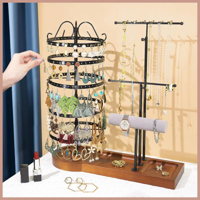 Support à bijoux rotatif en métal, organisateur réglable pour boucles d'oreilles, colliers et montres, noir