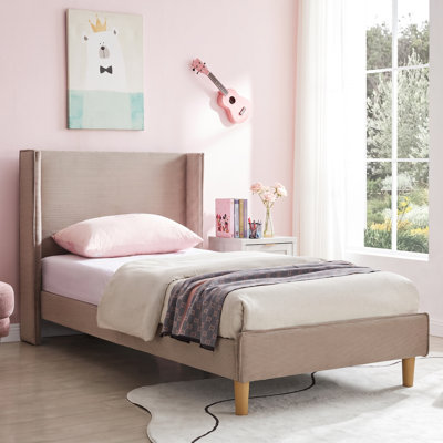 Janine Corduroy Upholstered Wingback Bed with Slat Kit and Solid and Manufactured Wood Frame