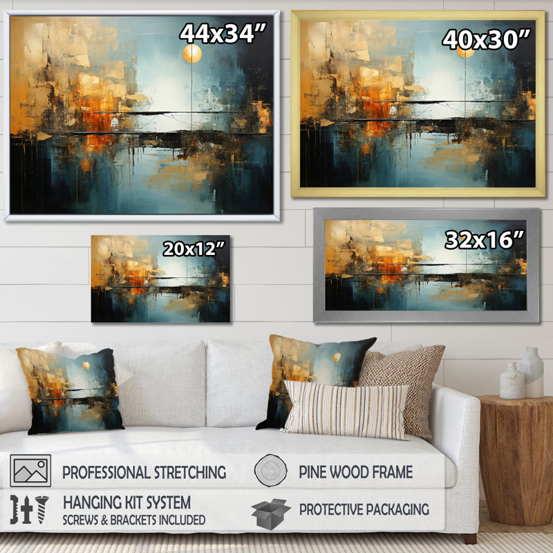 Impression sur toile Teal Orange Bold Energy I - Dams, Cadre doré simple, H 12 po x l 20 po x P 1 po