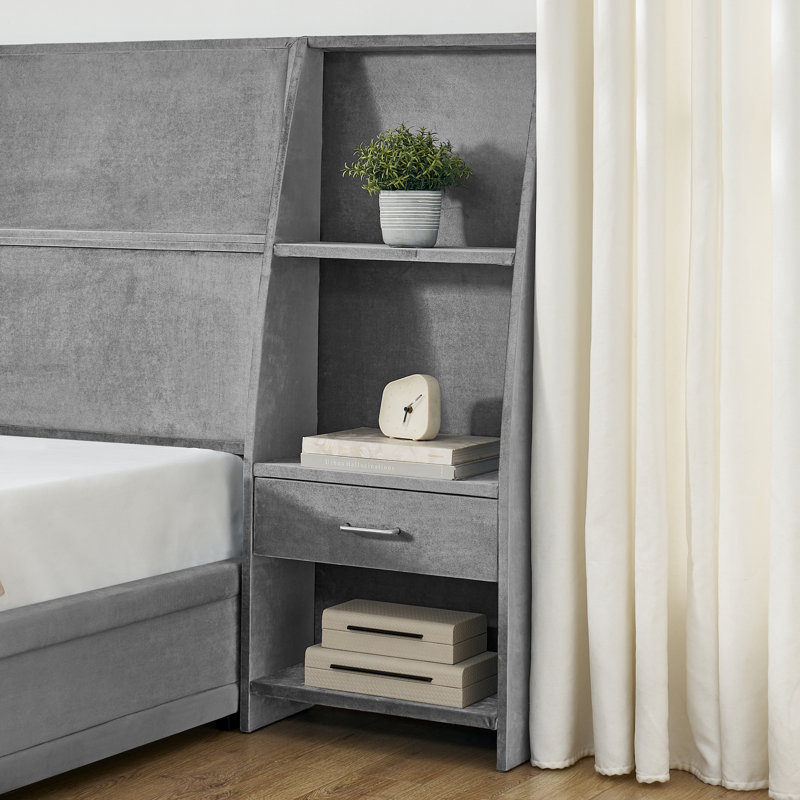 Lits avec rangement, plateforme moderne en velours de fibres à densité moyenne pour maison compacte