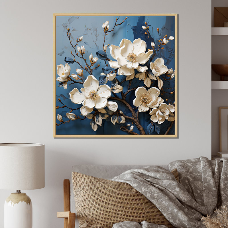 «Blue and White Magnolia Blooming I - Magnolias», reproduction sur toile, Silver Picture Framed, 24" H x 24" W