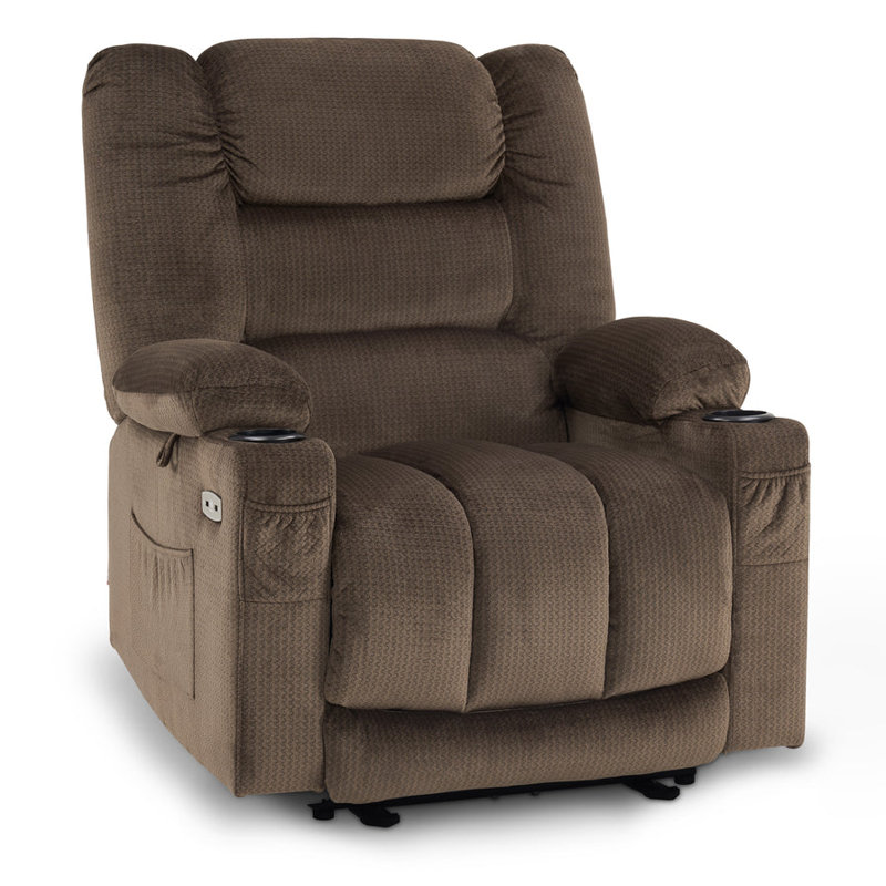 Arnaldo Upholstered Power Recliner with Heat and Massage, USB Ports, Cup Holders, Dark Brown Polyester Blend