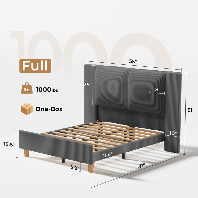 Corduroy Upholstered Bed with  Tall Upholstered Headboard, Gray, Full