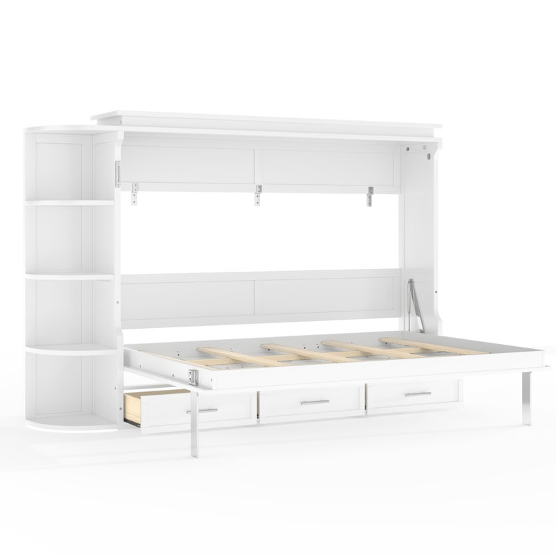 Full Size Murphy Platform Bed with Shelf, Side Cabinets and Drawers, Home Office Space Saver for Multifunctional Rooms, White