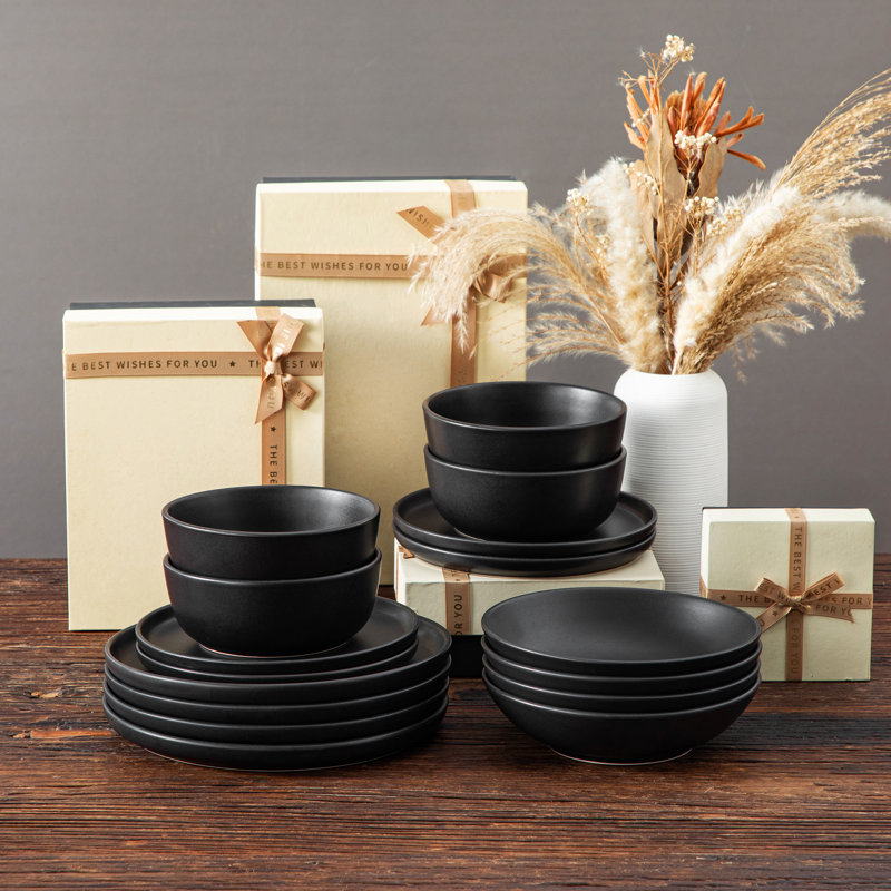PLA 16 Piece Porcelain Dinnerware Set, Service For 4, Black