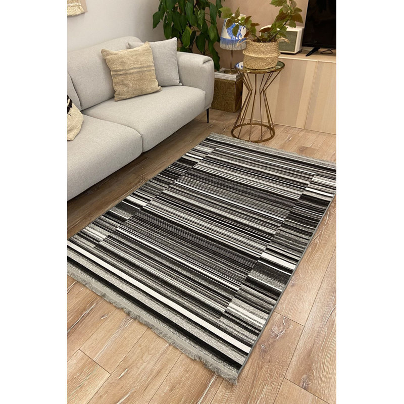 Black Striped Pattern Washable Rug, Rectangle 5'1" x 7'7"