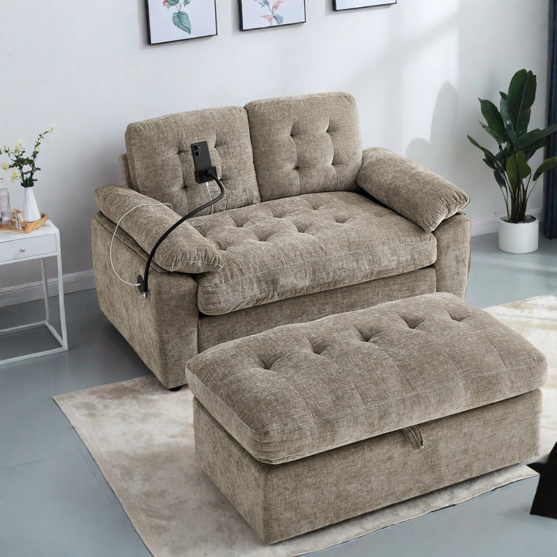 Canapé inclinable moderne double, tissu chenille avec repose-pieds de rangement pour la maison