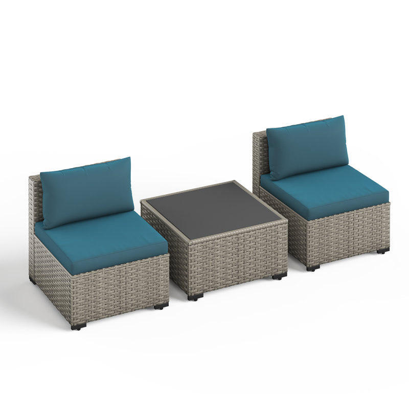 Ensemble de canapé d'extérieur en osier pour 2 personnes avec coussin, Bleu lac