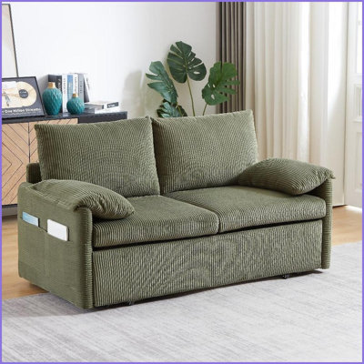 Modern Corduroy 64.5 Inch 3-in-1 Sleeper Sofa Bed with Pullout, Pillows &amp; Side Pockets for Living Room Bedroom Office | Corduroy | Wood | Cushion Back