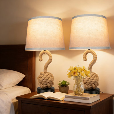 Set Of 2 Hand-Woven Rope Table Lamps With 3-Way Colour Temperature And USB Charging Ports, Includes LED Bulbs For Bedroom Nightstand Or Living Room