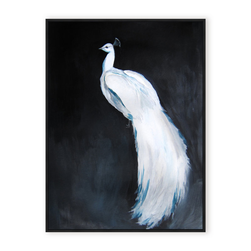 Nature Inspired Alabaster Majesty: White Peacock Against The Night, 30" H x 24" W x 1.125" D, Brown, Framed Print