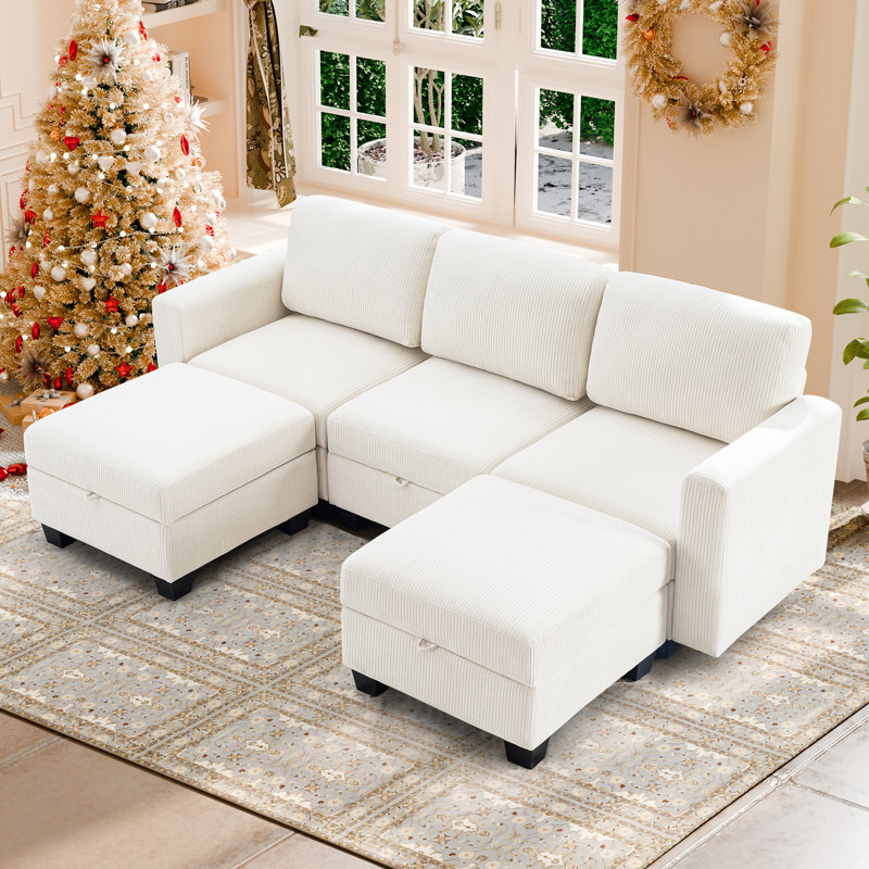 Canapé modulaire rembourré 5 pièces Ilyes, Chenille blanche