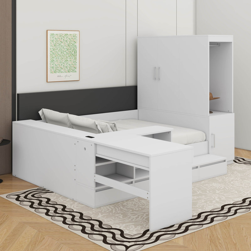 Lit plateforme double en bois avec tiroirs, bureau et tablettes, Blanc