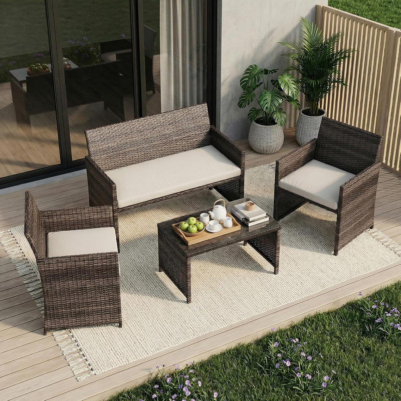 4-Piece PE Rattan Patio Furniture Set – Outdoor Conversation Set with Cushions & Tempered Glass Table, All-Weather Wicker for Patio, Porch, Backyard