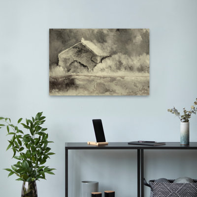 Mouvement dans le noir - Art contemporain à effet d'aquarelle Moody Farmhouse