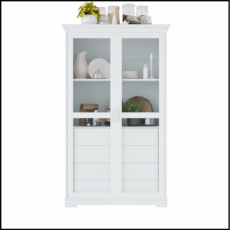 Kitchen Pantry, Freestanding Kitchen Storage Cabinet Display Cabinet with Glass Doors and 4 Built-in Drawers for Living Room, Home Office