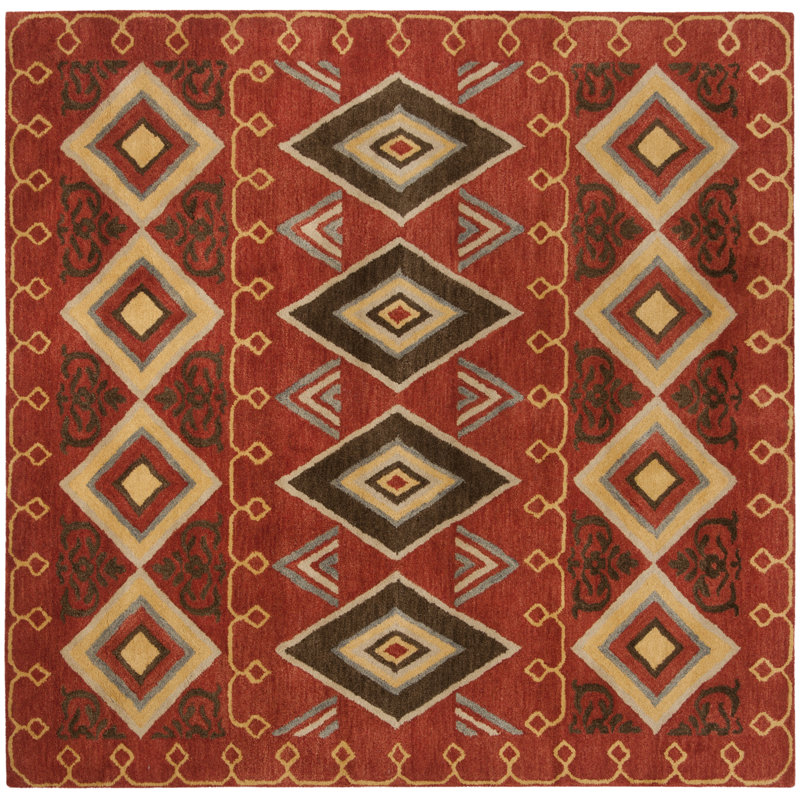 Tapis décoratif rouge / multicolore en laine touffeté à la main à motif géométrique Boyd, Carré 6 pi