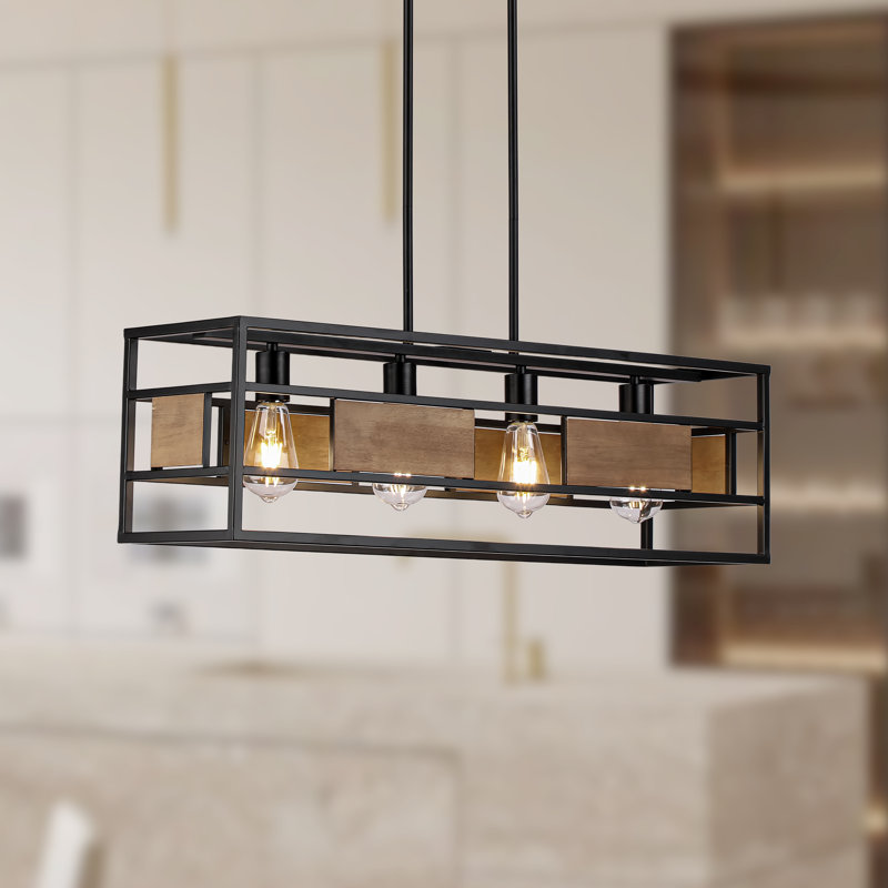Luminaire suspendu linéaire à 4 lumières avec cadre en bois noir 31 po Aldo, 4 Lights