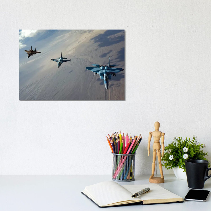 F-15 Eagles And A F-16 Fighting Falcon Fly In Formation - Wrapped Canvas Print, 20.32 cm H x 30.48 cm W