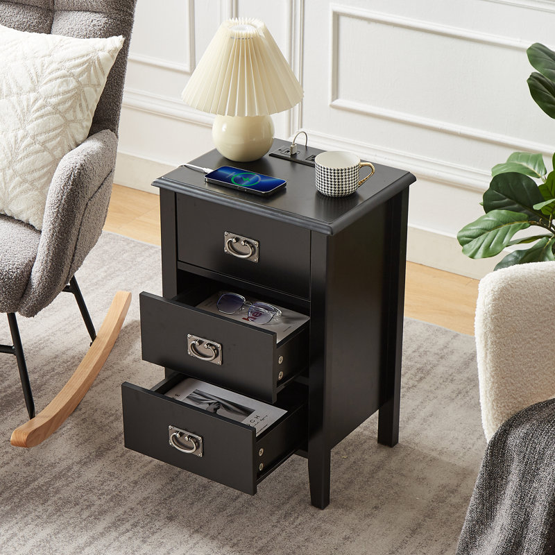 Miramontes Set of 2 Nightstands with Charging Station Black End Table USB Ports Power 3 Drawers Bedside Tables for  Bedroom
