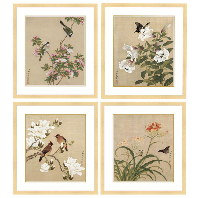 Masterpiece Collection Birds and Butterflies in Spring by Yu Zhi - 4 Piece Single Picture Frame Print Set, 43" H x 35" W