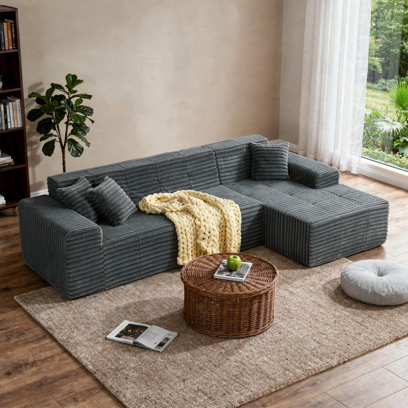 Upholstered 2-Piece Gray Faux Rabbit Fur Flannel Sofa With Pillows – All Foam Compressed And No-Assembly Modular Design
