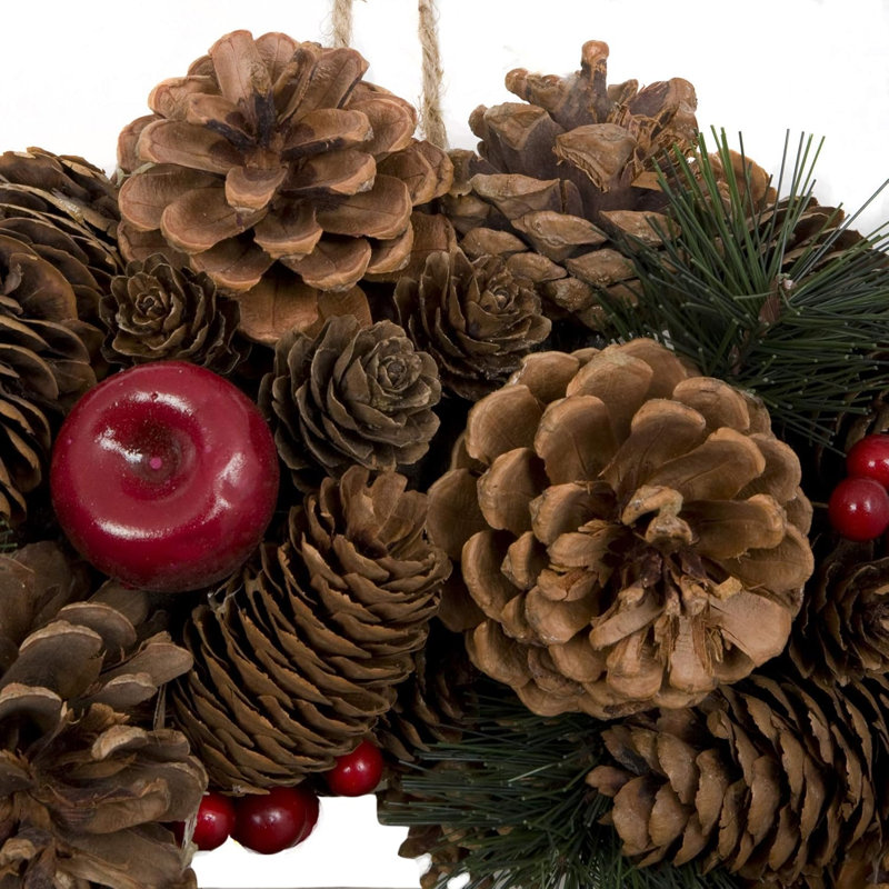 Christmas Hanging Wreath Large - Festive Pine Cone Display with Red Berries, 37cm x 37cm