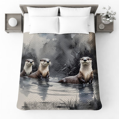 Otters In River Quilted Bedspread All Sizes