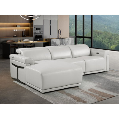 Light Gray Left-Facing 3-Piece L-Shaped Sectional In Top-Grain Italian Leather With 1 Power Recliner & Adjustable Headrests